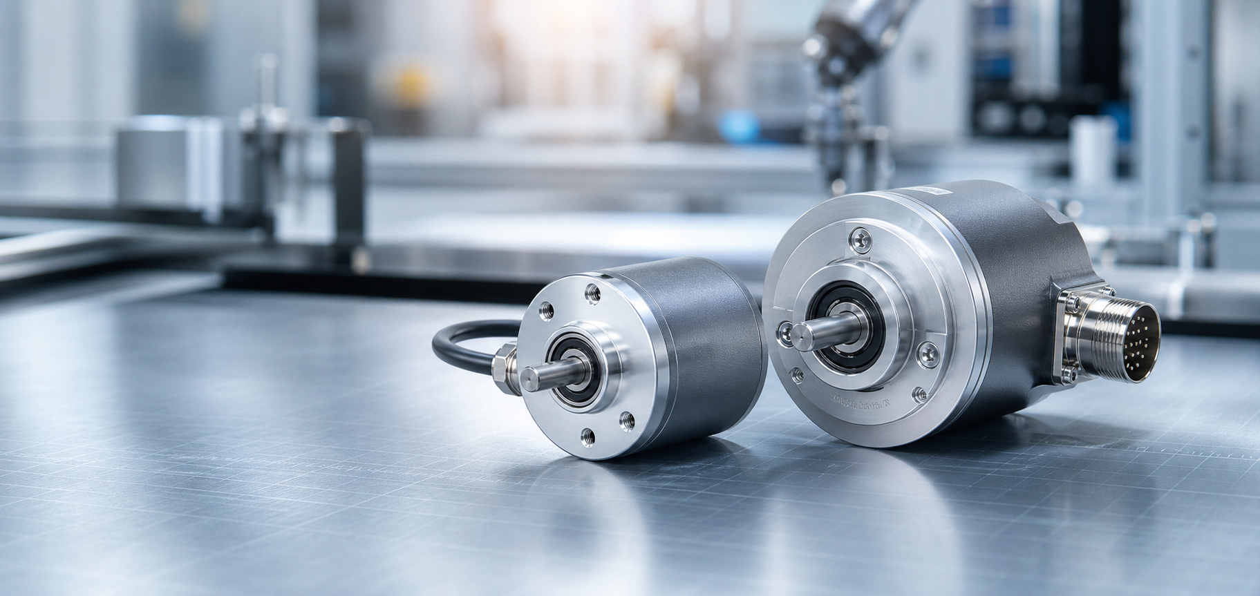 Precision rotary encoders on an industrial workbench